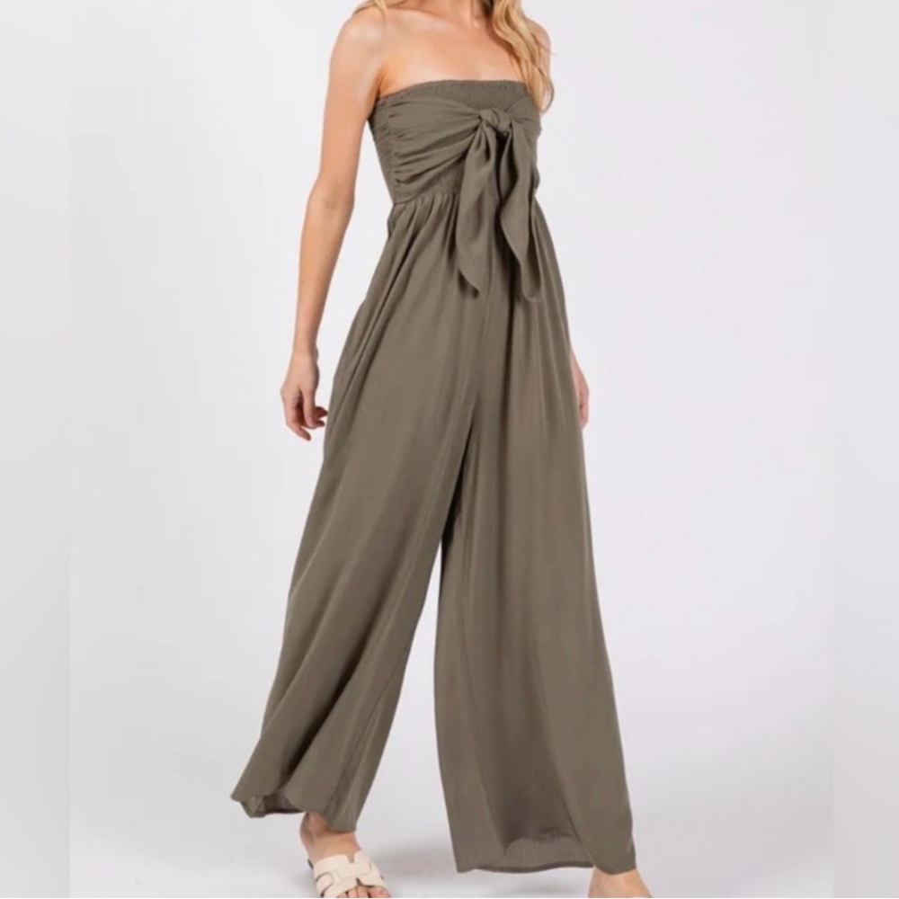 🟠NWT FINAL TOUCH Front Tie Wide Leg Jumpsuit in Vintage Olive SMALL